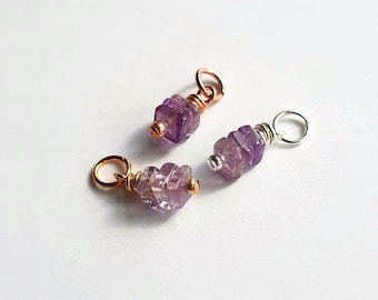 Purple Amethyst Charm, Cute February Birthstone Charm, Tiny Trio Gemstone Charm, Sentimental Jewellery ~ Silver, Gold or Rose Gold - 12x4mm