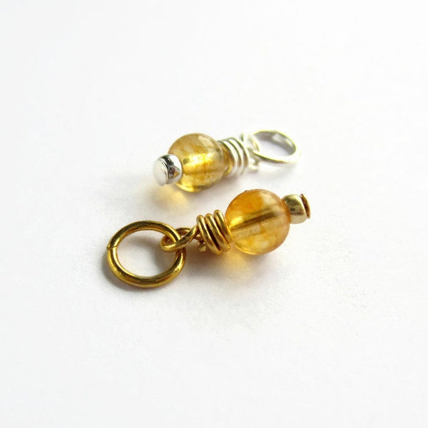 Tiny Citrine Charm, November Birthstone Wire Wrapped Charm, Yellow Gemstone Mini Pendant, Natural Stone ~ Silver, Gold or Rose Gold ~ 4x10mm