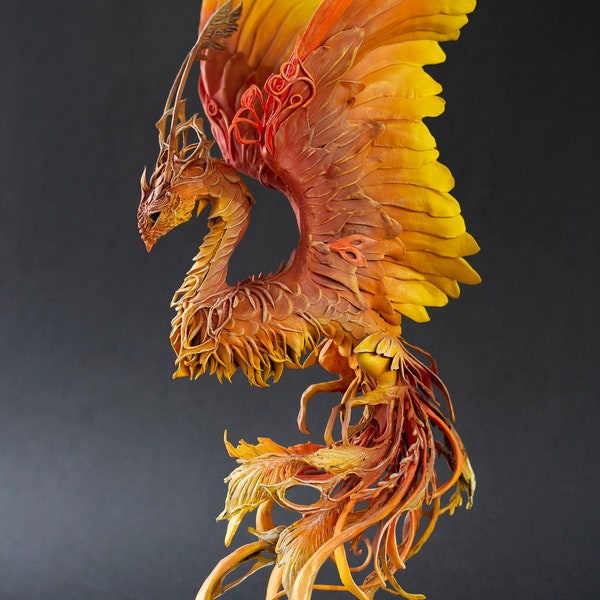Figura de ave fénix. Gran escultura de fénix de fuego. pájaro de fuego. Escultura OOAK Estatuilla criatura alada. Figura fénix. Arte/Juguete/Fantasía/Animal