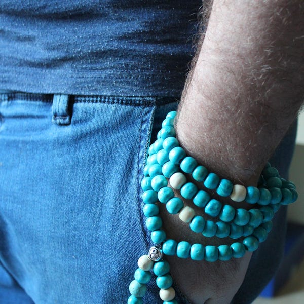 COLLIER ou BRACELET MALA yoga zen avec 108 perles bois turquoise