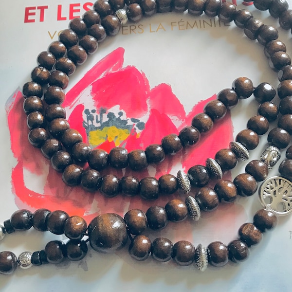 COLLIER mala tibétain avec magnifique Arbre de vie et bouddha argenté