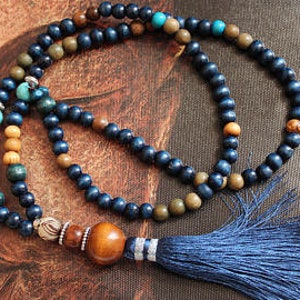 MALA zen yoga pompom and WOOD beads necklace