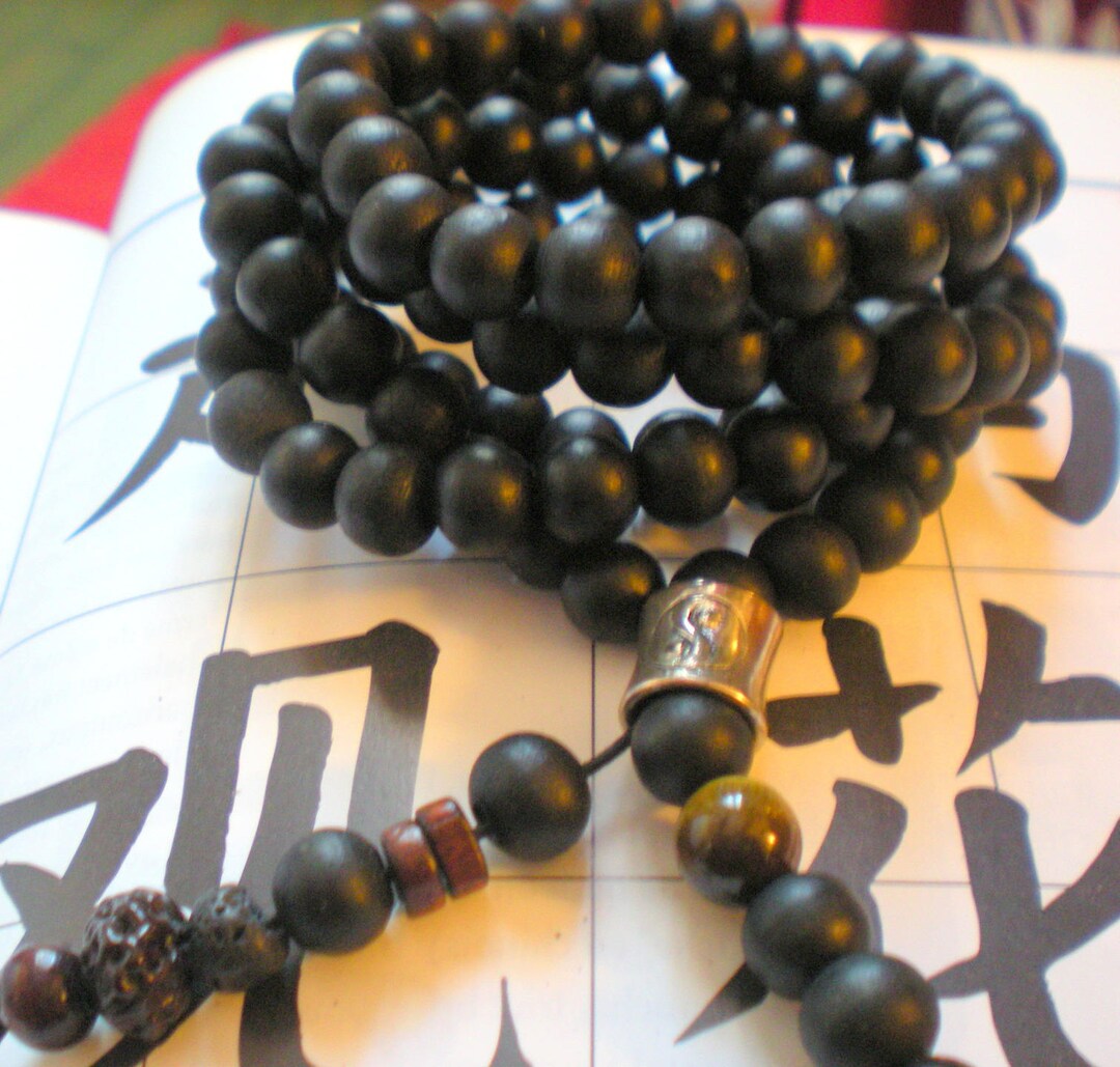 MALA NECKLACE for Men 10 Mm Black Cypress Beads and Silver Yin and Yang  Beads a Free Ring or Pair of BO 