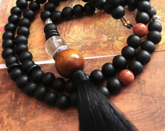 Spirituele MALA KETTING 108 bruine en BLAUWE houten kralen