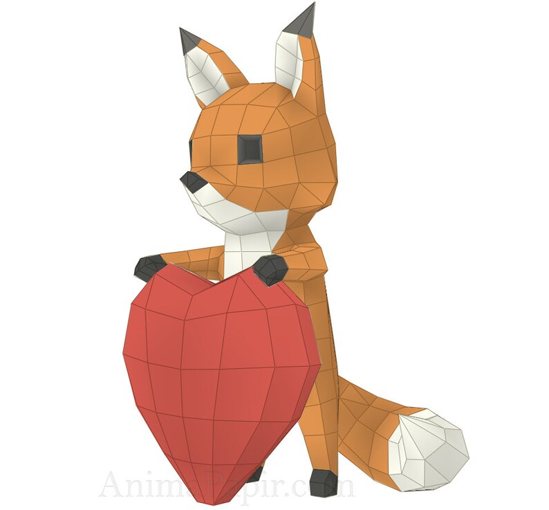 Paper fox Low poly fox Papercraft animal heart papercraft Cartoon Fox Papercraft Fox with Heart Papercraft DIY fox
