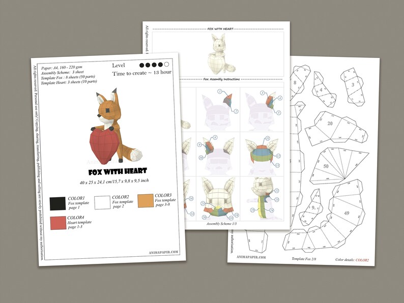 Paper fox Low poly fox Papercraft animal heart papercraft Cartoon Fox Papercraft Fox with Heart Papercraft DIY fox