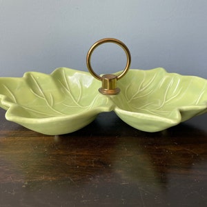 Vintage USA Pottery Divided Dish Leaf Leaves Candy Nut Dish Handle California MCM Ceramic Chartreuse Green