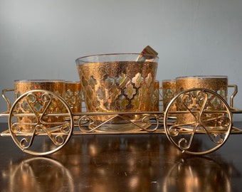 Vintage Culver Valencia 9 Piece Bar Set 22K Gold Green Diamond Low Ball Glass Ice Bucket Tongs Wagon Tray MCM Mid Century