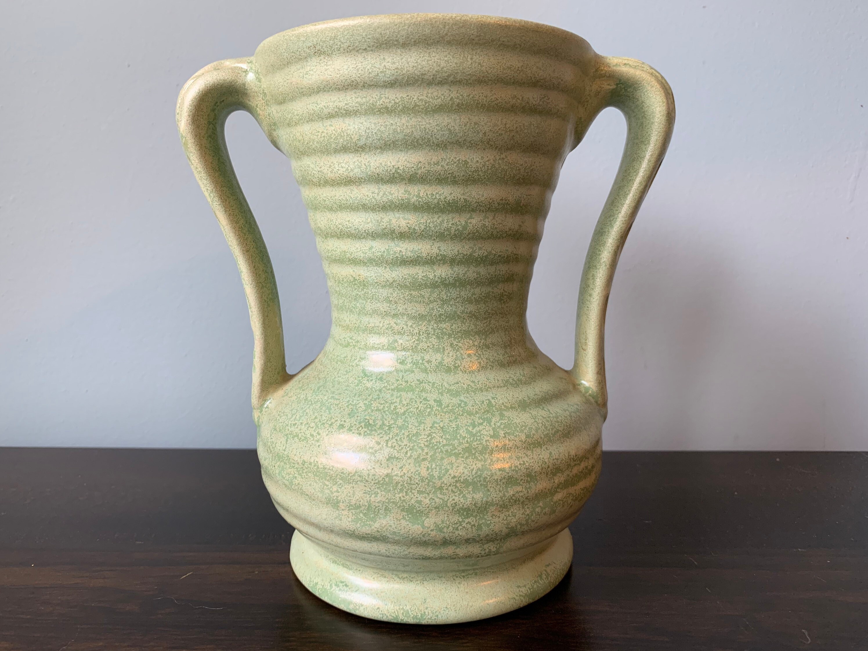 Haeger Pottery Urn Vase Ringed Two Handled Green Matte Glaze Etsy