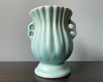 Vintage Monmouth Pottery Vase Loop Handles Double Handles Aqua Matte Glaze