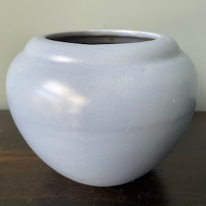 May include: A light blue ceramic planter with a rounded shape and a smooth, glossy finish.