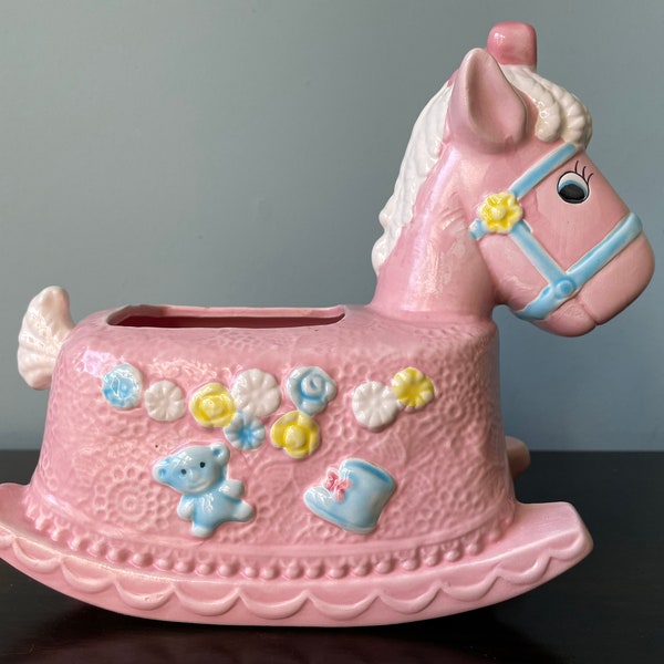 Vintage Napco Rocking Horse Planter Pink Napcoware Ceramic Baby Nursery Shower
