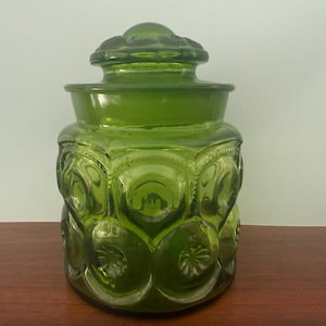 Vintage Moon and Star Green Glass Canister Apothecary Jar 2 Piece Set LE Smith 7” Coffee