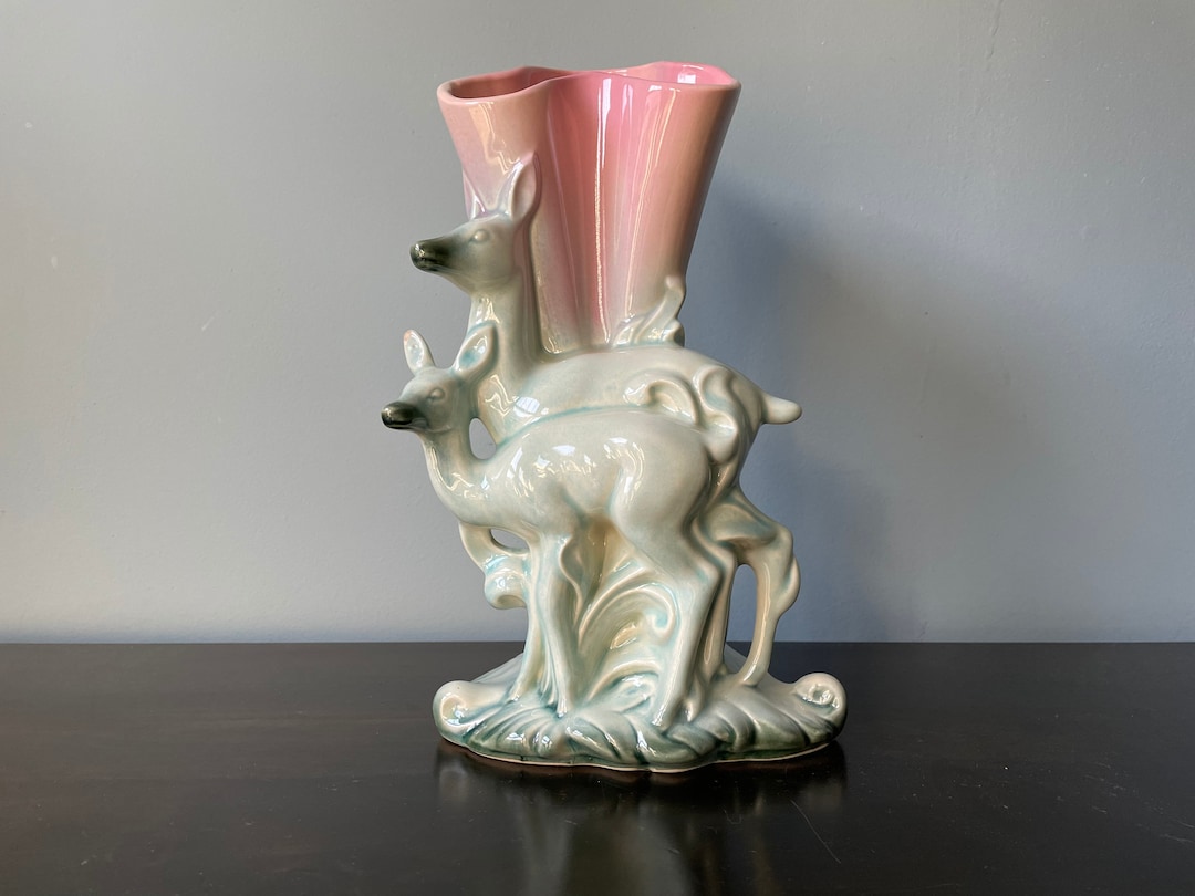 Vintage Hull Pottery Deer Vase Aqua Teal Pink Ceramic Etsy