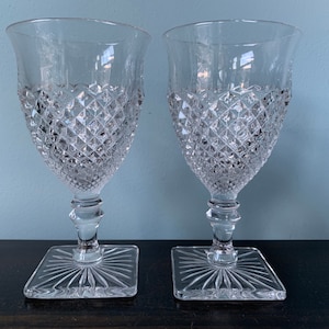 Vintage Water Goblet English Hobnail Clear by Westmoreland Glass Stemware Square Base Set of 2