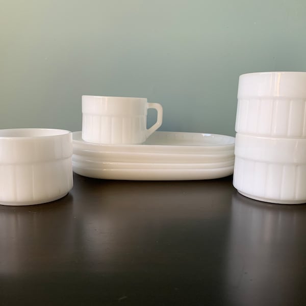 Vintage White Milk Glass Soup and Sandwich Snack Set by Federal Glass 8 Piece Set Ribbed