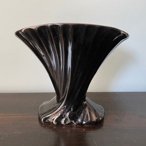 Vintage Frankoma Pottery Fan Vase Twisted Swirl Draped 19 Black Gloss