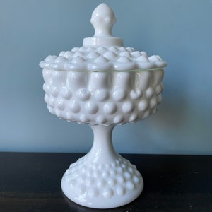 Vintage Fenton Hobnail Covered Candy Dish Milk Glass Hobnail Pedestal Crimped Rim