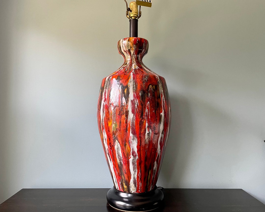 Mid Century Royal Haeger Lamp Drip Glaze Orange Red Brown Black Yellow