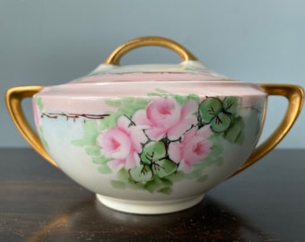 Antique MZ Austria China Covered Sugar Bowl Pink Roses Hand Painted Pink Band Gold Accents Handles Porcelain Vintage