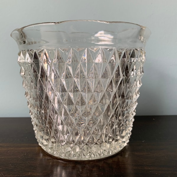 Vintage Indiana Glass Diamond Point Clear Ice Bucket Crimped Rim