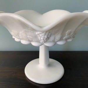 Vintage Westmoreland White Milk Glass Paneled Grape Footed Pedestal Compote