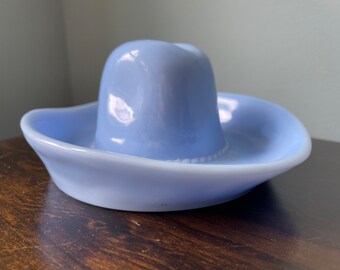 Vintage Jeannette Blue Milk Glass Cowboy Hat Cowgirl Hat Ranger Hat Ashtray Trinket Dish