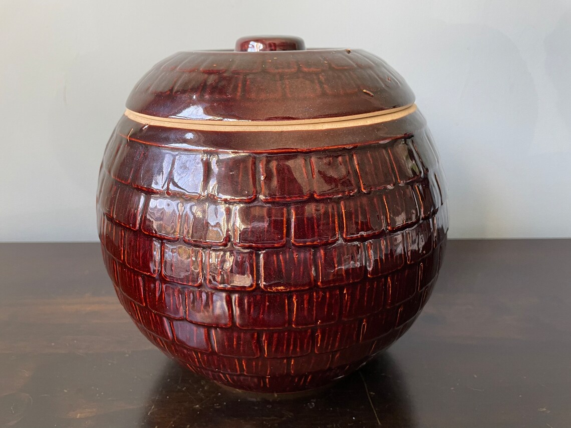 Vintage Mccoy Cookie Jar Round Shingles Brown Etsy