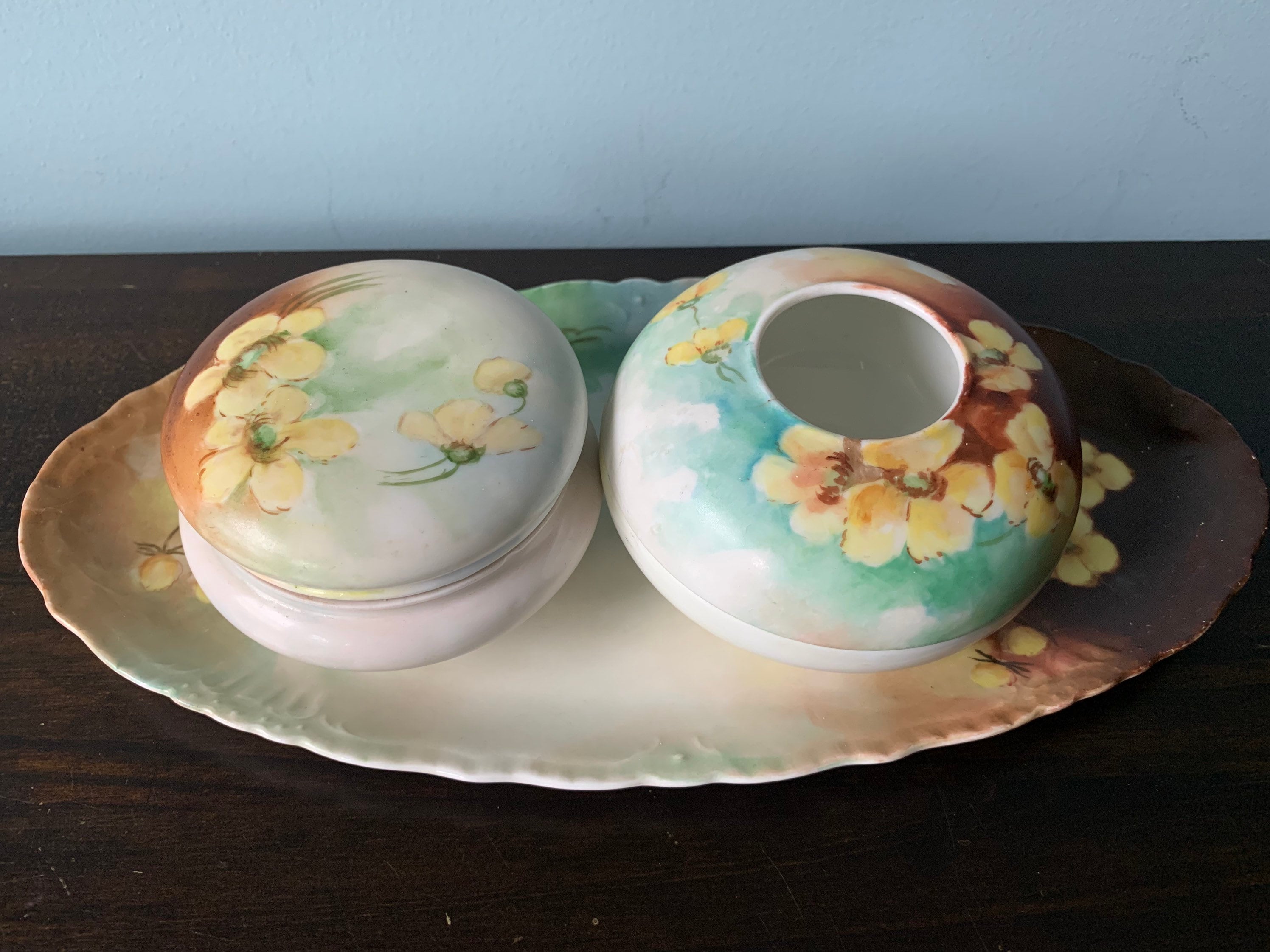 Vintage O & E G Royal Austria Porcelain Vanity Set Dresser Tray Limoges  Hair Receiver Powder Box Yellow Pansies Floral Flowers - Etsy