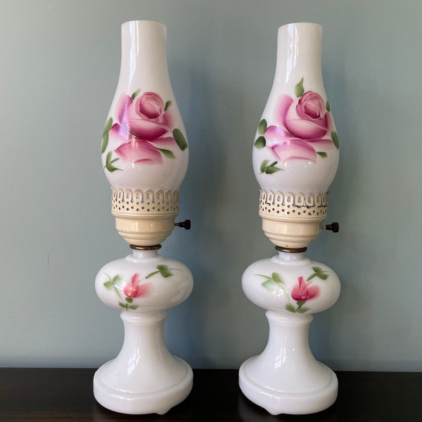 Vintage Milk Glass Lamp Hand Painted Pink Rose Shade Boudoir Pair