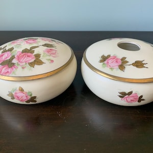 Vintage Porcelain Vanity Set Hair Receiver Powder Box Roses Pink Gold Floral Flowers Prussia