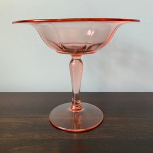 May include: A pink glass pedestal bowl with a scalloped edge and a fluted design. The bowl is on a wooden surface.