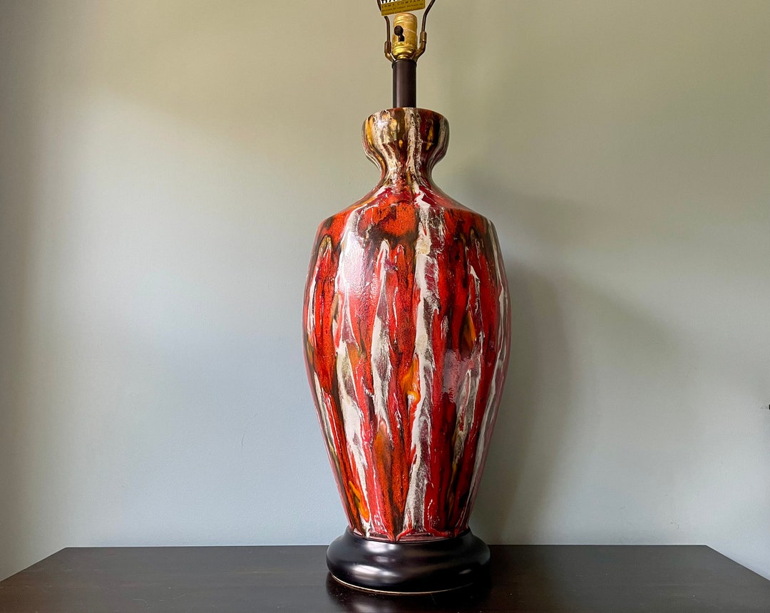 Mid Century Royal Haeger Lamp Drip Glaze Orange Red Brown Black Yellow