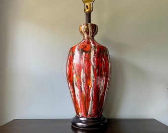 Mid Century Royal Haeger Lamp Drip Glaze Orange Red Brown Black Yellow Ivory Large Table Lamp MCM Brutalist