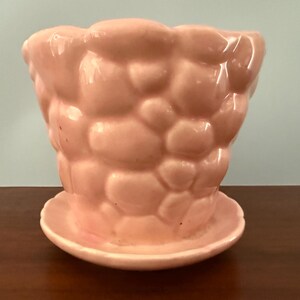 May include: A pink ceramic planter with a textured, bubble-like design. The planter has a matching saucer base. The glossy finish and rounded shapes give it a vintage aesthetic. This decorative piece is suitable for small plants or succulents.