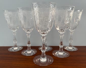 Vintage Fostoria Meadow Rose Water Goblet Stemmed Etched Optic Paneled Floral Elegant Glass Set of 6