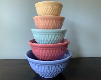 Vintage Hull Pottery Nesting Mixing Bowl Quilted Diamond Pastel 5-Piece Set Boho Farmhouse Nuline Bak-Serve