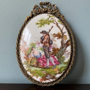 Vintage Porcelain Wall Plaque French Watteau Victorian Lovers Countyside Pastoral Serenade Reclining Woman Standing Man Cameo