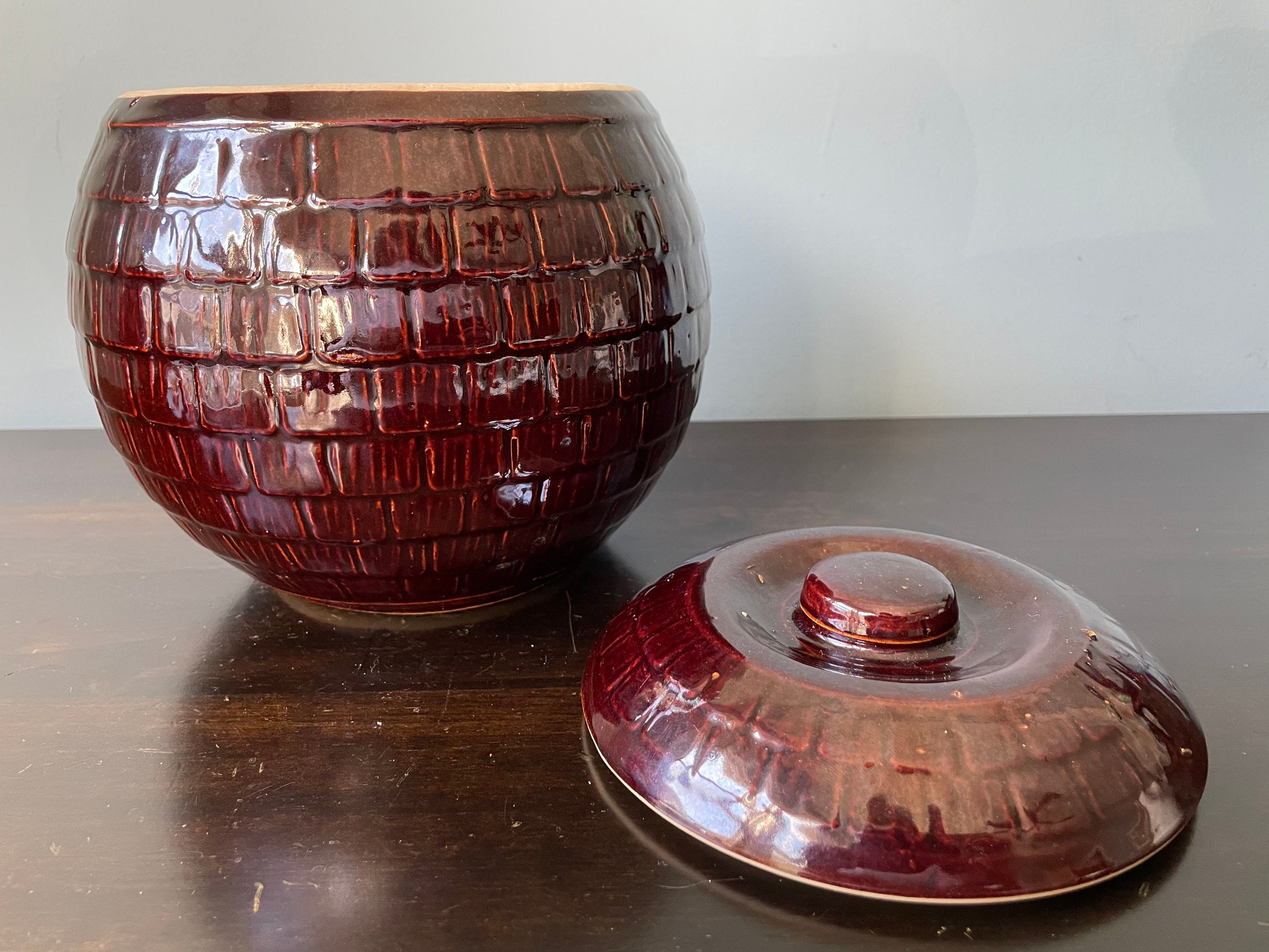 Vintage Mccoy Cookie Jar Round Shingles Brown Etsy