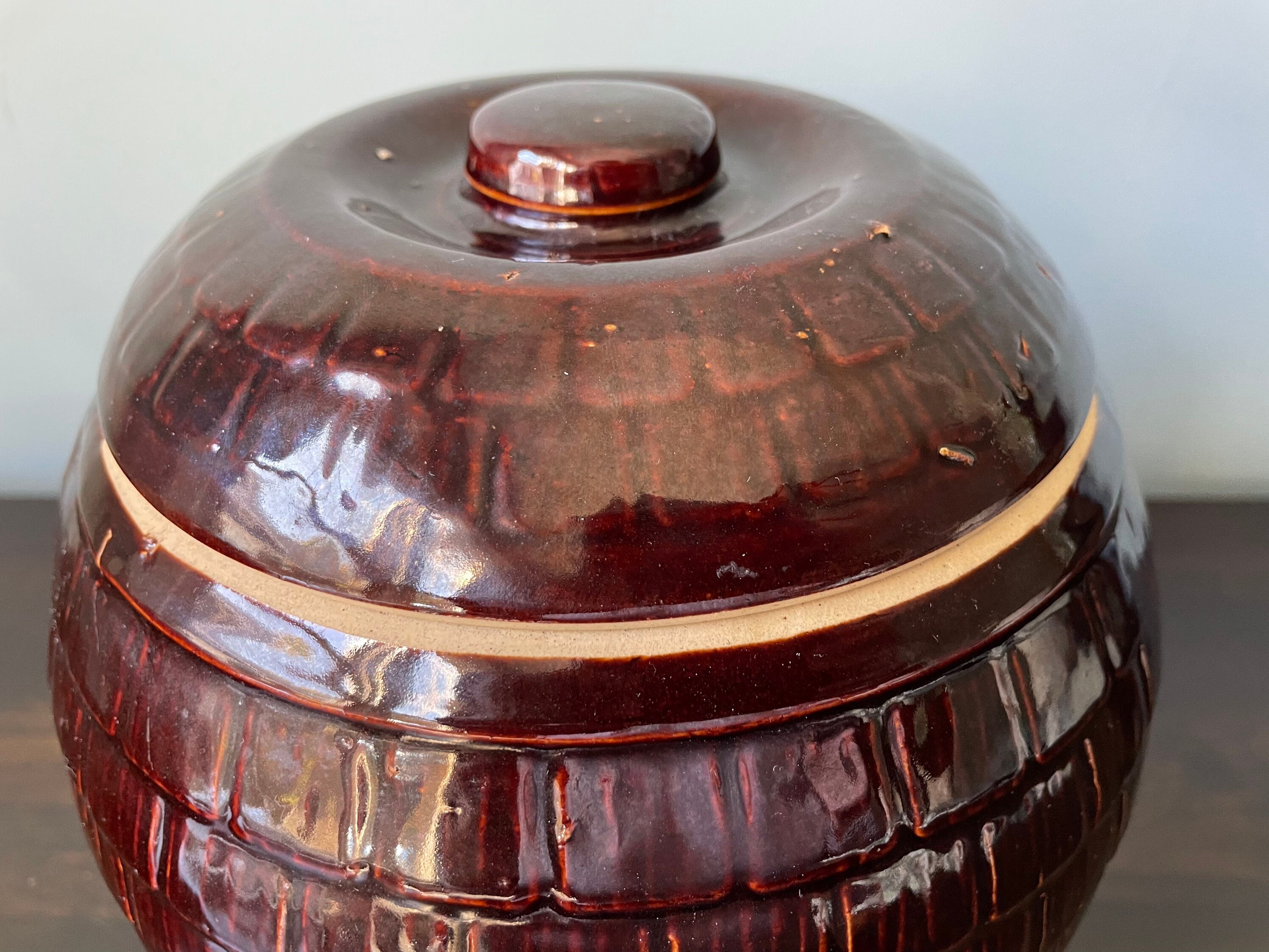 Vintage Mccoy Cookie Jar Round Shingles Brown Etsy