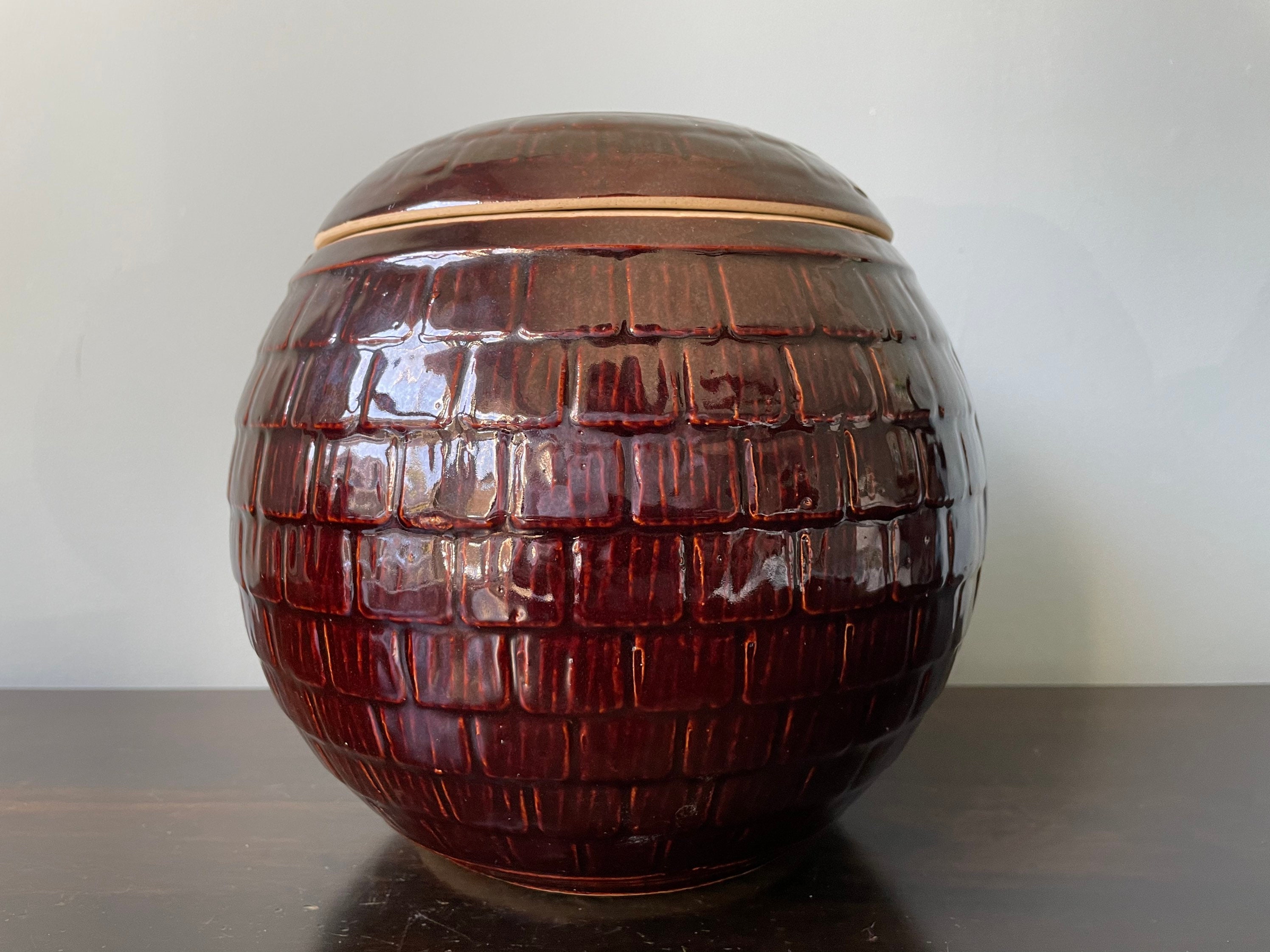 Vintage Mccoy Cookie Jar Round Shingles Brown Etsy
