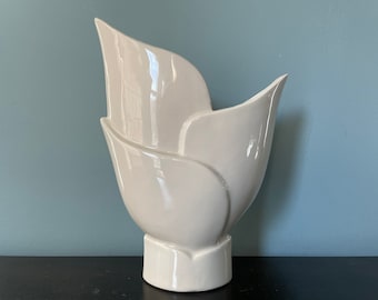 Vintage Pottery Vase Pillow Vase White Gloss Stylized Lily Flower Tulip