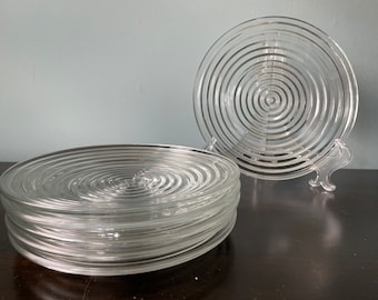 Anchor Hocking Manhattan 8” Salad Plate Horizontal Ribbed Ringed Banded Clear Glass Vintage Set of 6