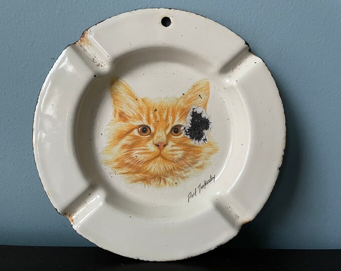 Vintage Paul Tankersley White Enamel Cat Ashtray Kitten Vintage Cat
