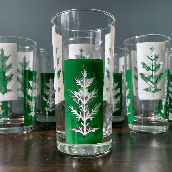 Vintage Partytime Highball Tumbler Glass Set by Libbey Party Time Leaves Oak Mid Century Original Box High Ball Set of 8