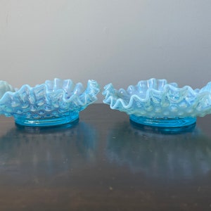 Vintage Fenton Candy Dish Nut Dish Bon Bon Blue Opalescent Glass Hobnail Scalloped Ruffled Crimped Rim Pair