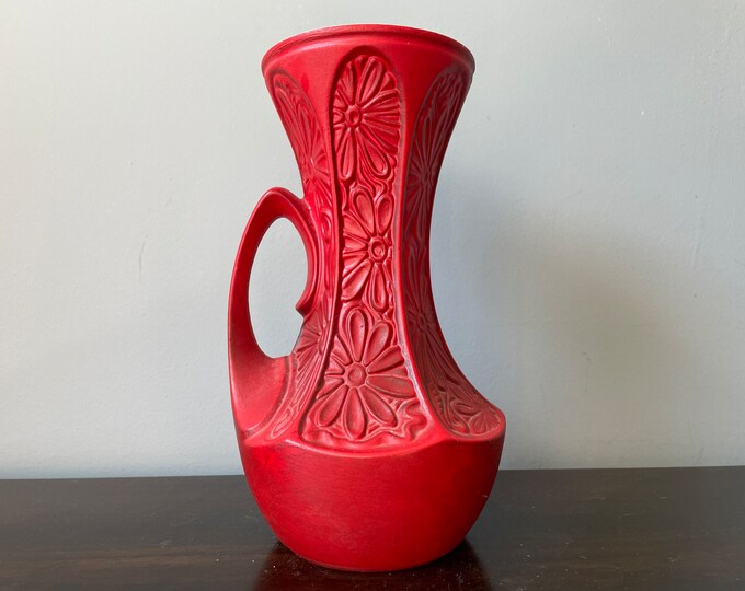 Vintage Mccoy Pottery Vase Handle Flowers Red Etsy
