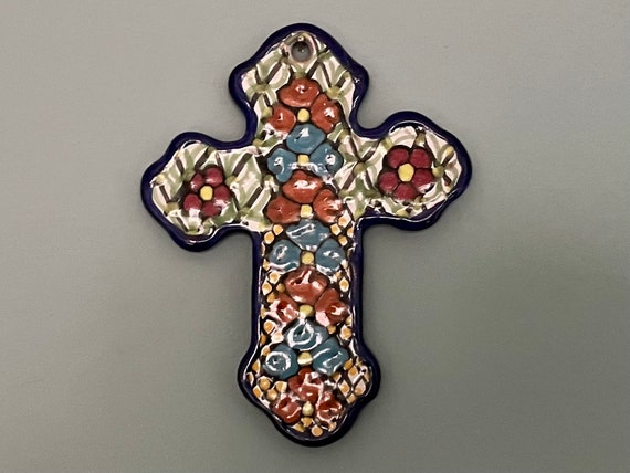 Vintage Talavera Cross Talavera Crucifix Ceramic Signed Talavera Art Zepeda Puebla Mexico