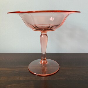 May include: A pink glass pedestal bowl with a scalloped edge and a fluted design. The bowl is on a wooden surface.