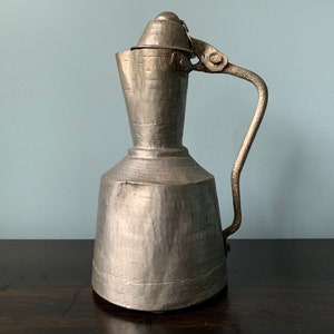 Vintage Hand Punched Primitive Metal Water Jug Pitcher Carafe Hinged Lid